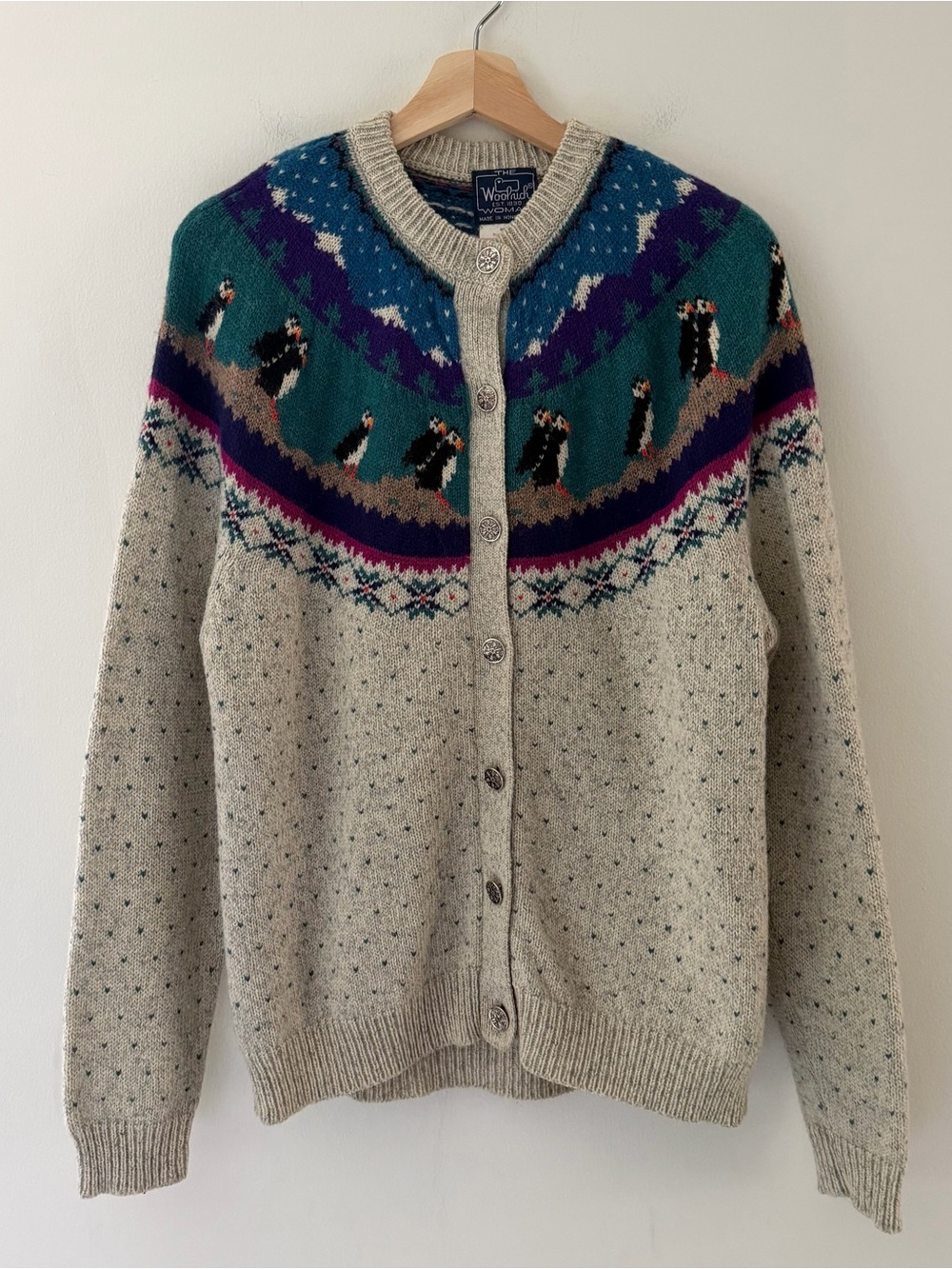 Woolrich Vintage Cardigan Sweater Penguins Wool Fair Isle 80s Size Medium RARE - Picture 2 of 8